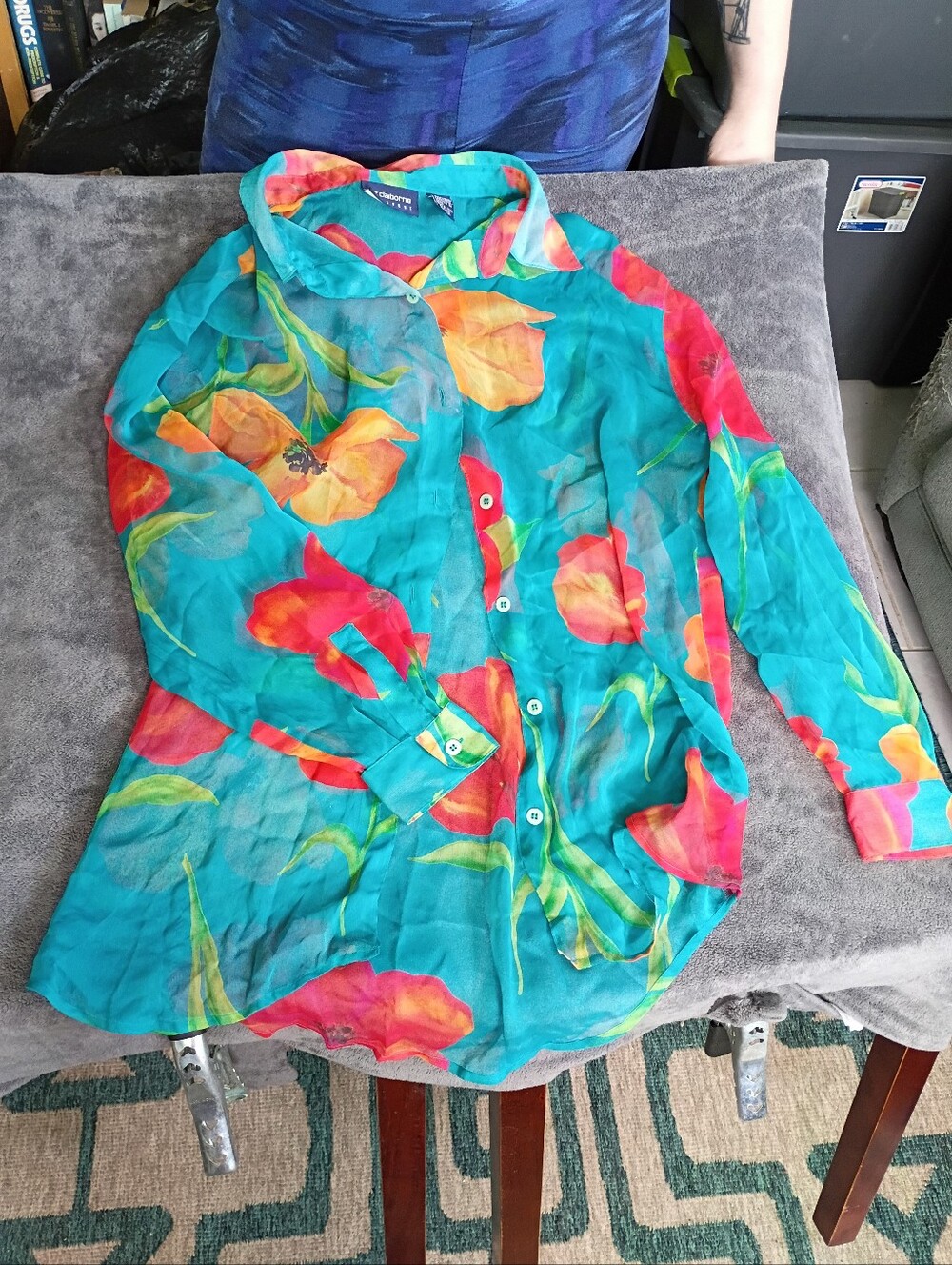 Liz Claiborne Teal Floral Button-Down Sheer Shirt with Orange Blooms
